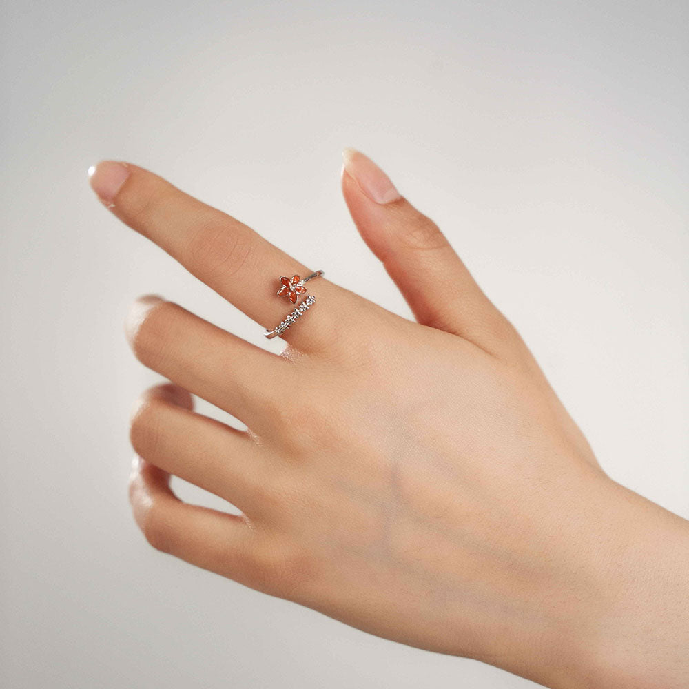 Silver Open Ring – Five-Petal Flower, Red Series