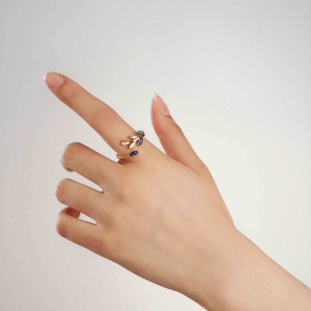 Adjustable Ring – Olive Branch, Blue-and-White