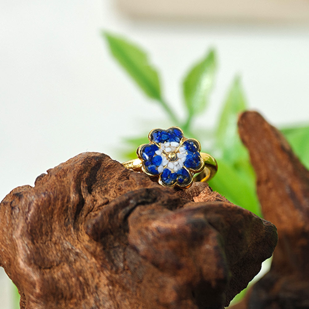 Blue & White Four-Leaf Clover Adjustable Ring