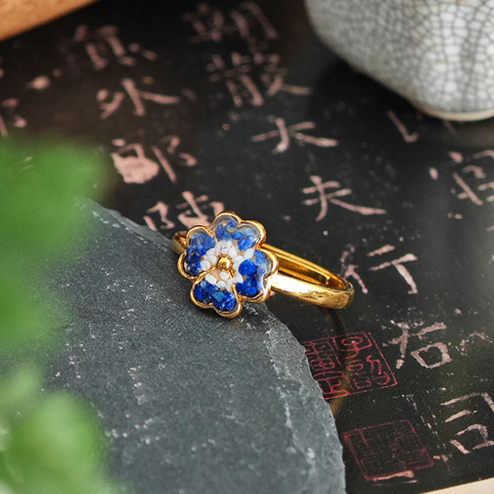 Blue & White Four-Leaf Clover Adjustable Ring