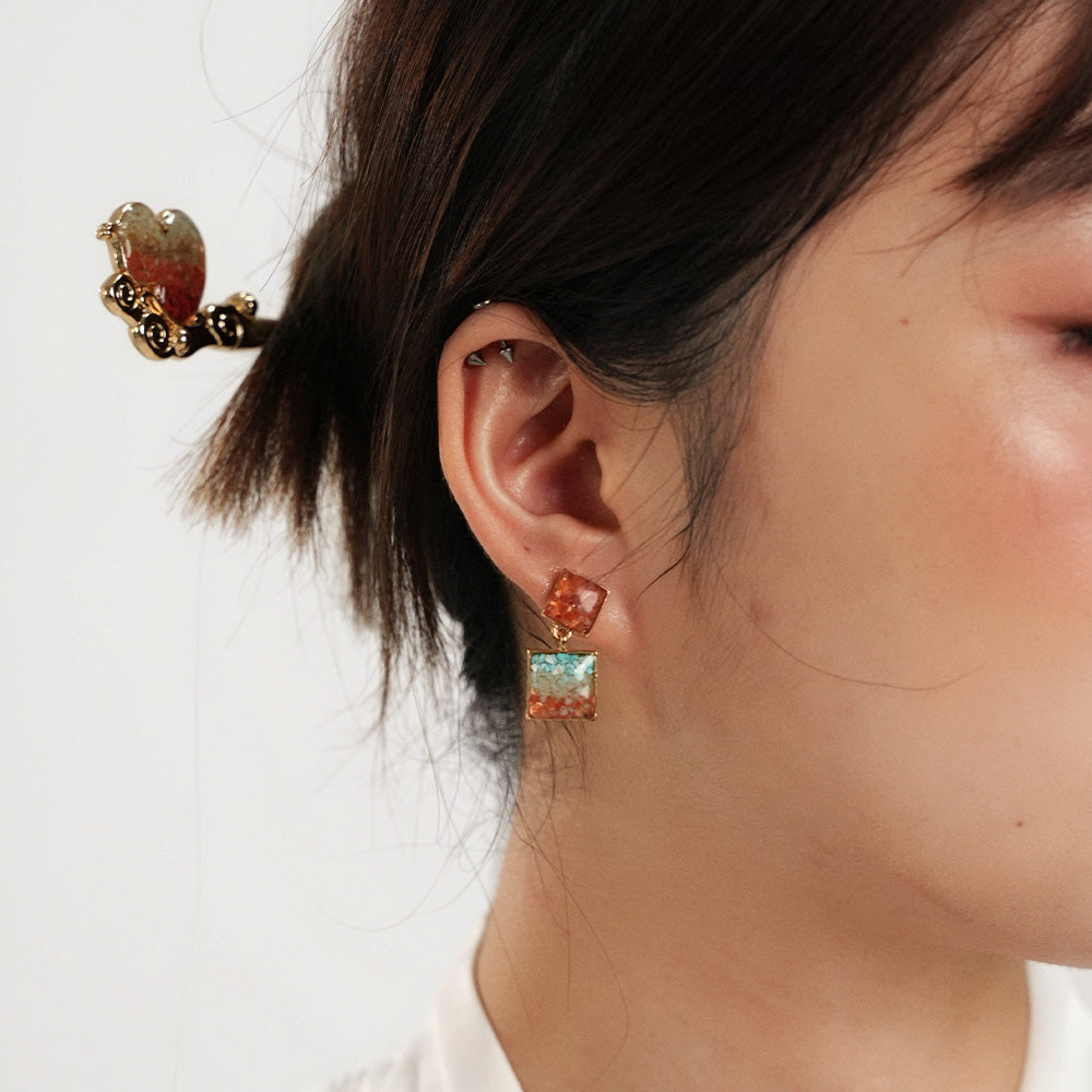 Handmade Natural Crushed stone Square Drop Earrings