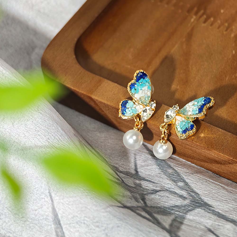 Blue & White Pearl Butterfly Wing Stud Earrings