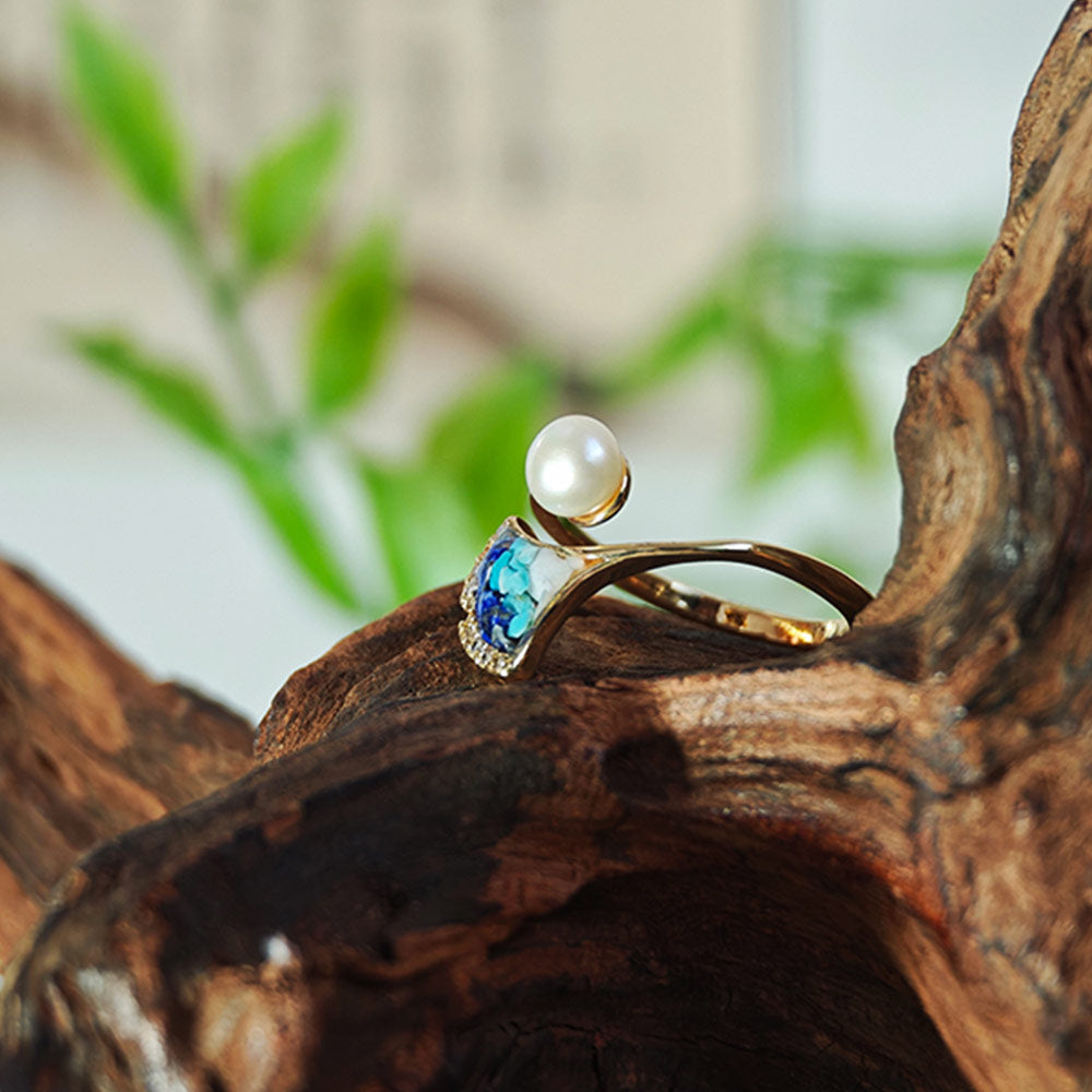 Ring – Ginkgo Leaf & Pearl, Blue-and-White