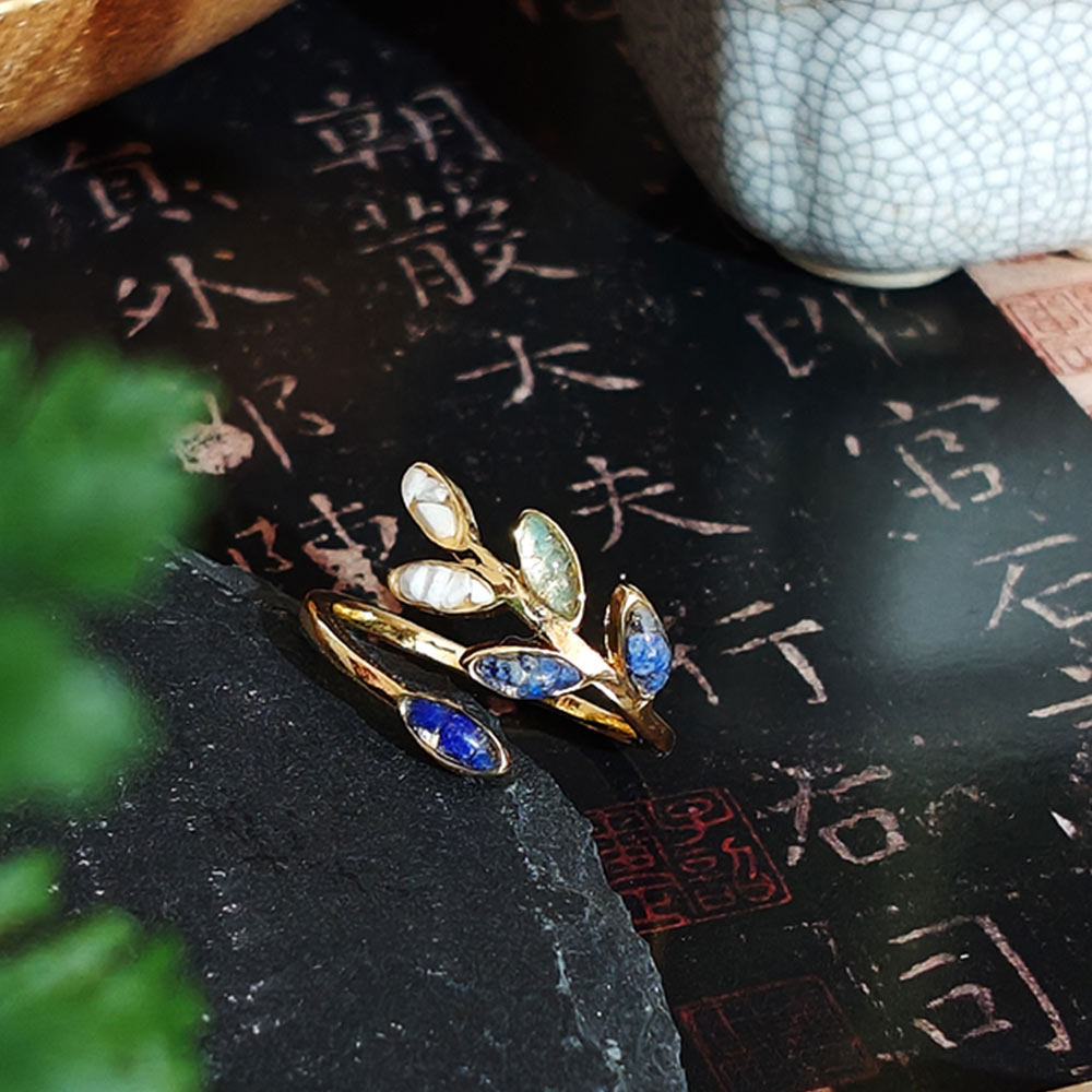 Adjustable Ring – Olive Branch, Blue-and-White