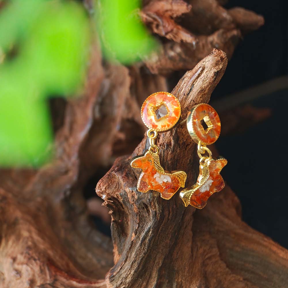 Earrings, “Prosperity Red” Coin Horse Design