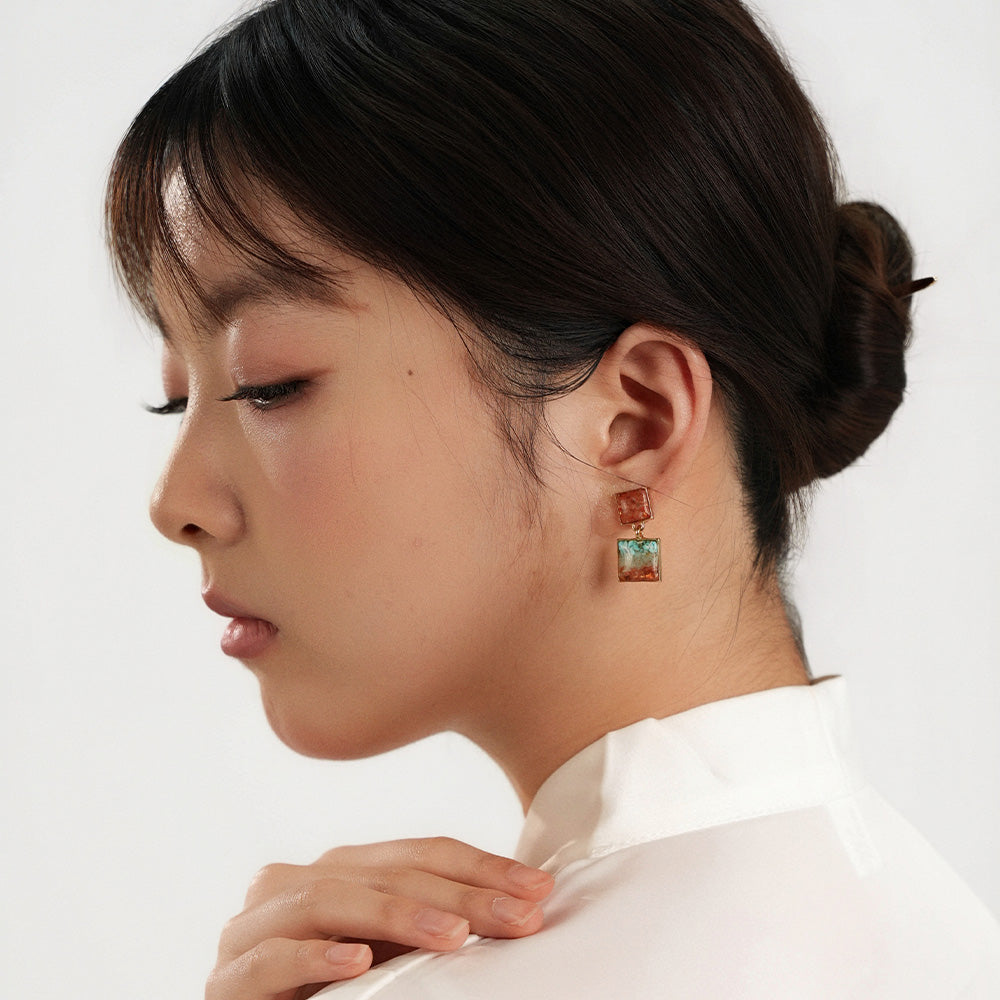 Handmade Natural Crushed stone Square Drop Earrings