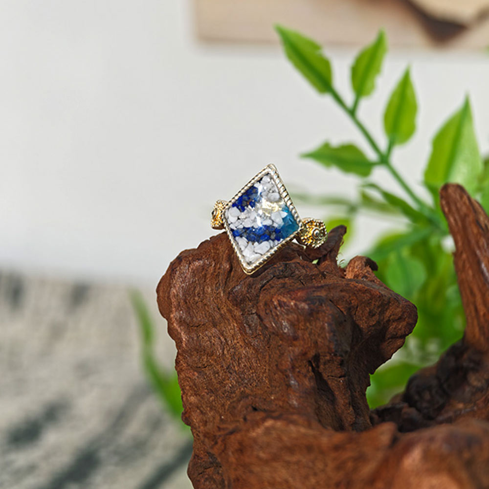 Blue & White Diamond-Shaped Adjustable Ring