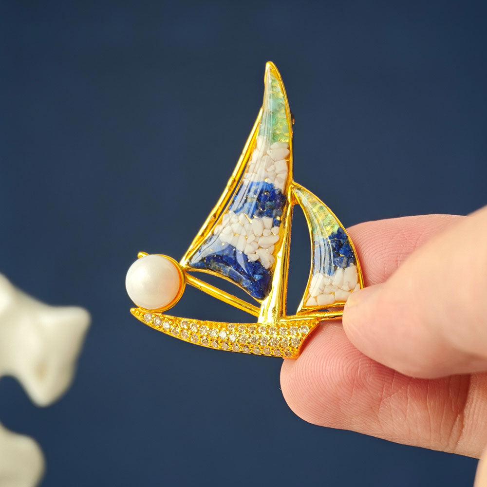 Brooch – Sailboat, Blue & White Style