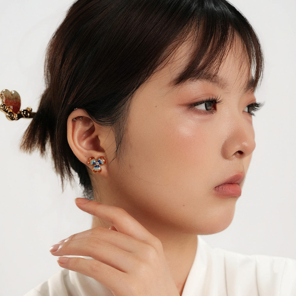 Earrings, Dunhuang Red Three-Leaf Clover Style