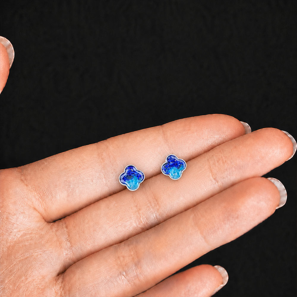 Silver Four-Leaf Clover Stud Earrings – Royal Blue Gradient Series