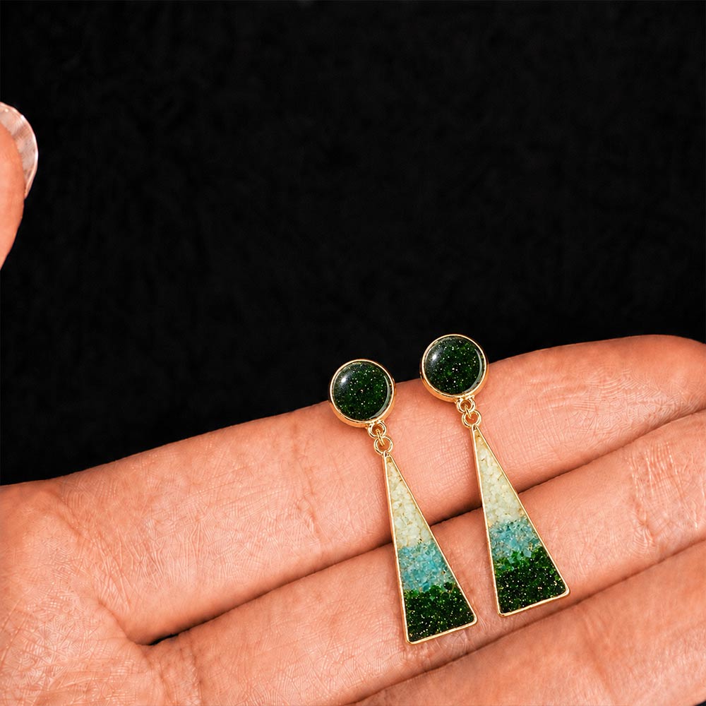 Geometric Earrings, Emerald Green Round Triangle