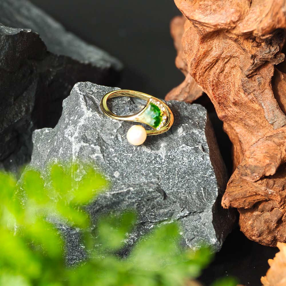 Jadeite Green Gradient Ginkgo Leaf Pearl Ring
