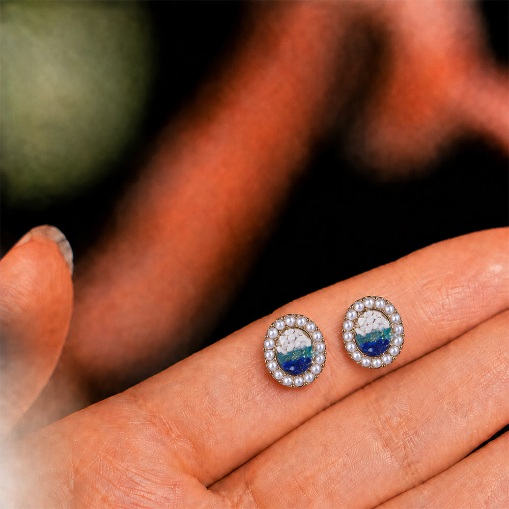 Oval Pearl Earrings, Blue-White Gradient