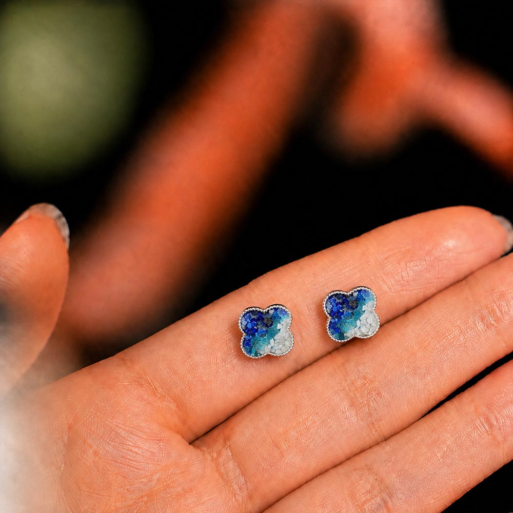 Silver Clover Stud Earrings – Blue & White Series