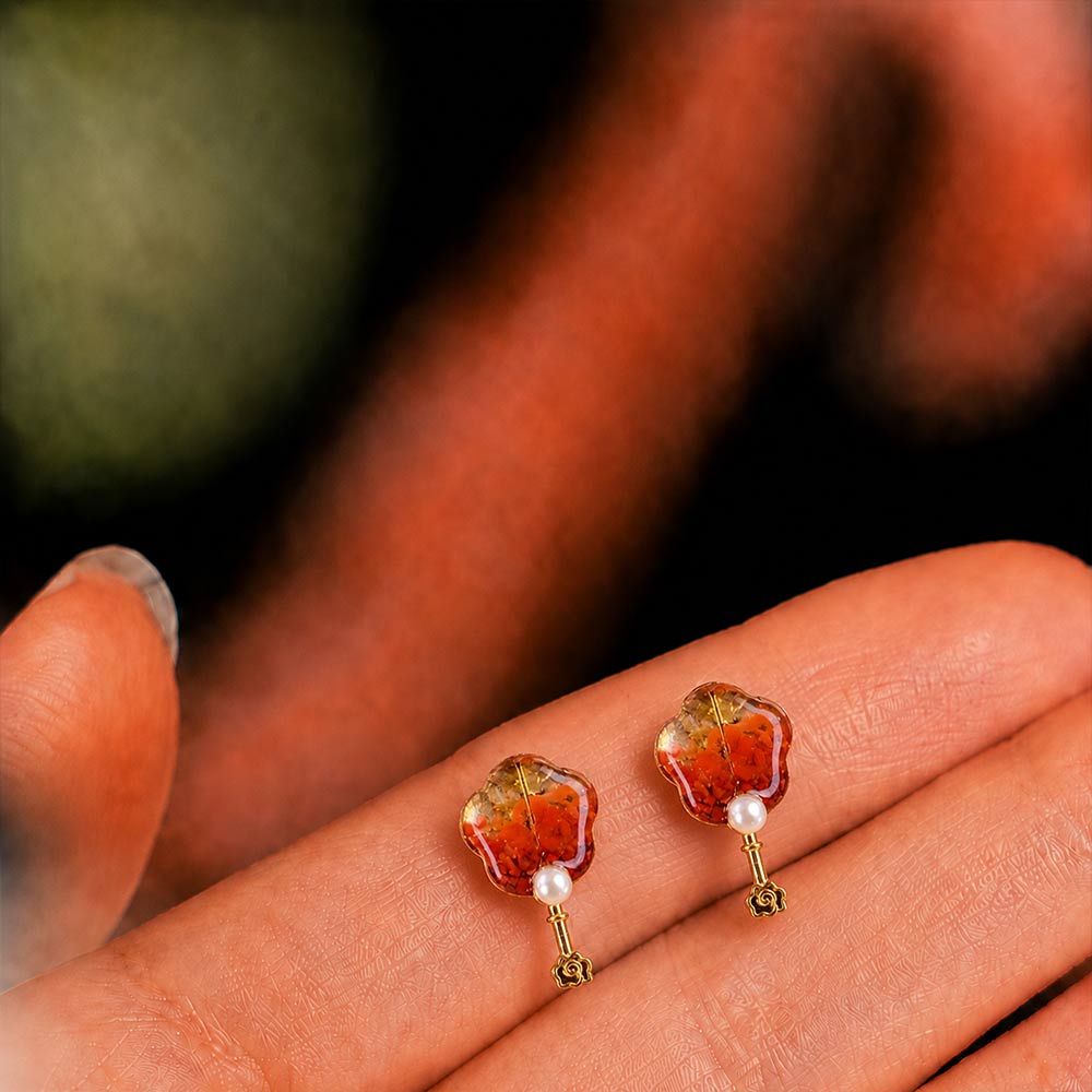 Earrings, Prosperity Red Folding Fan