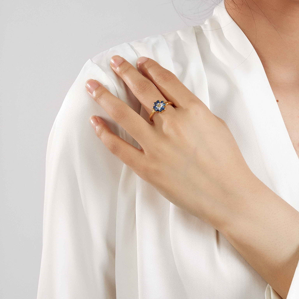 Blue & White Four-Leaf Clover Adjustable Ring