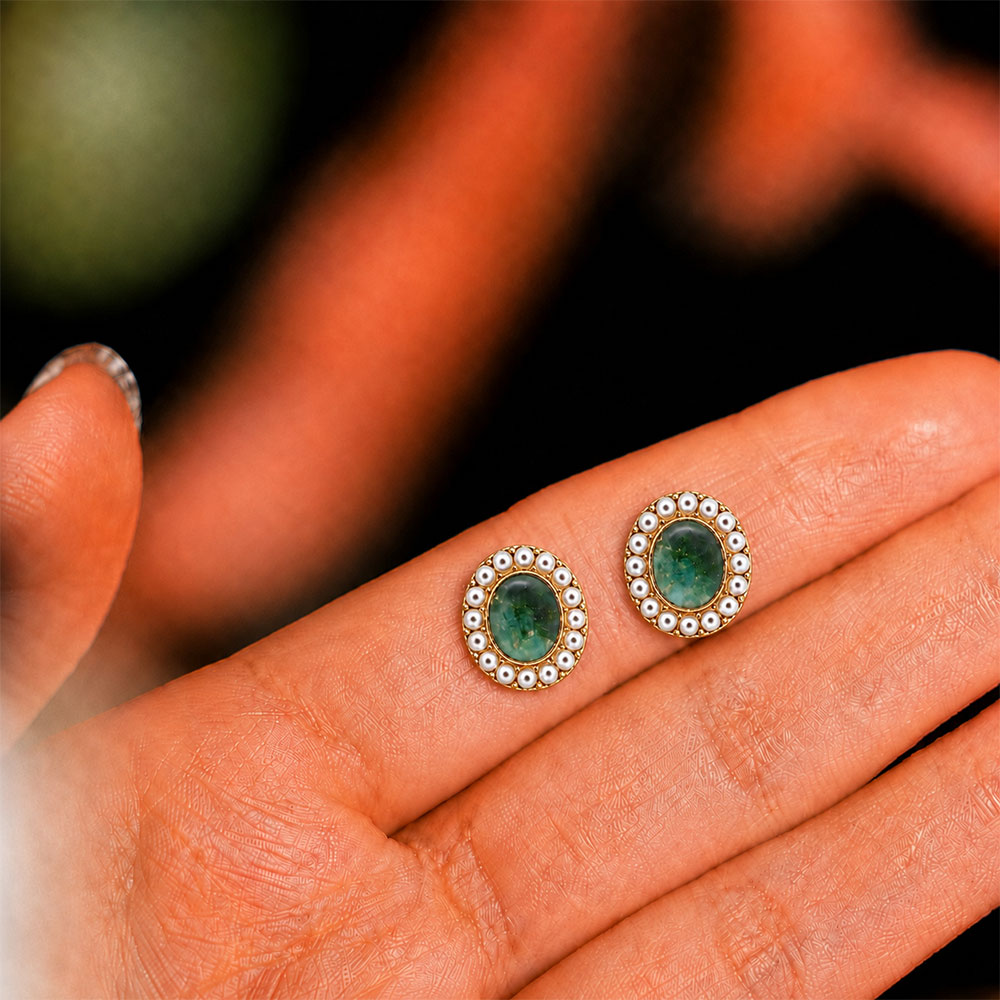 Pearl Oval Stud Earrings, Emerald Green Series