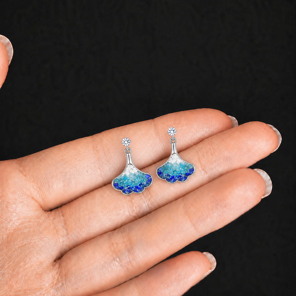 Silver Blue & White Ginkgo Stud Earrings
