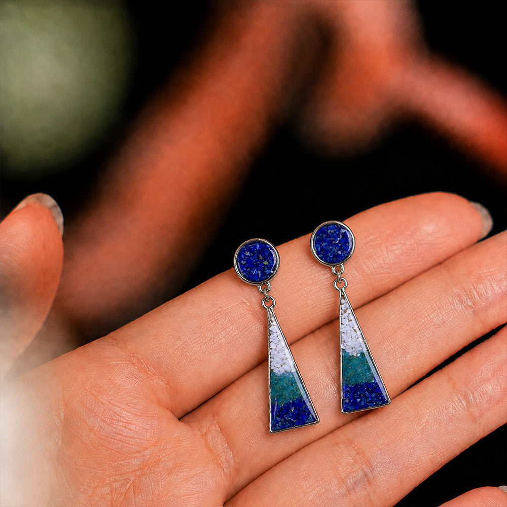 Geometric Earrings, Blue-White Round Triangle