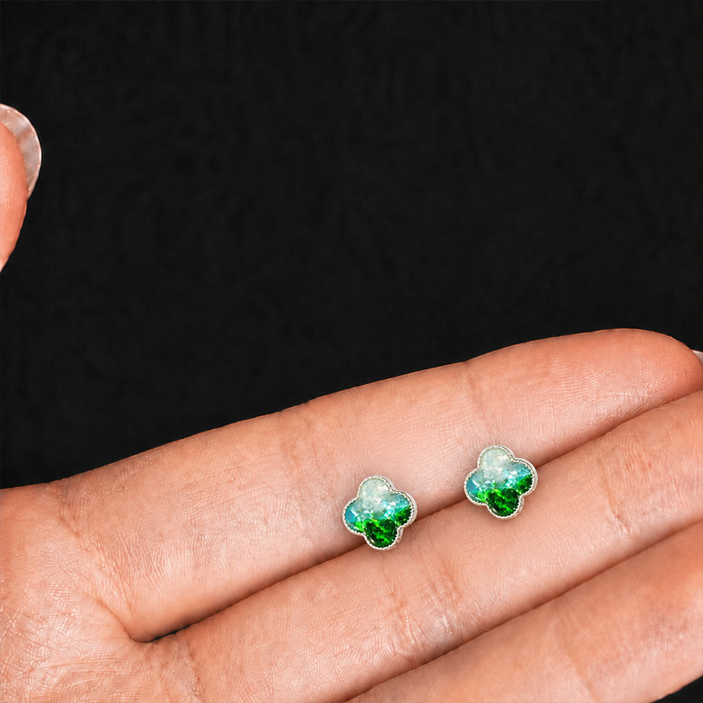 Silver Four-Leaf Clover Stud Earrings – Jade Green Series