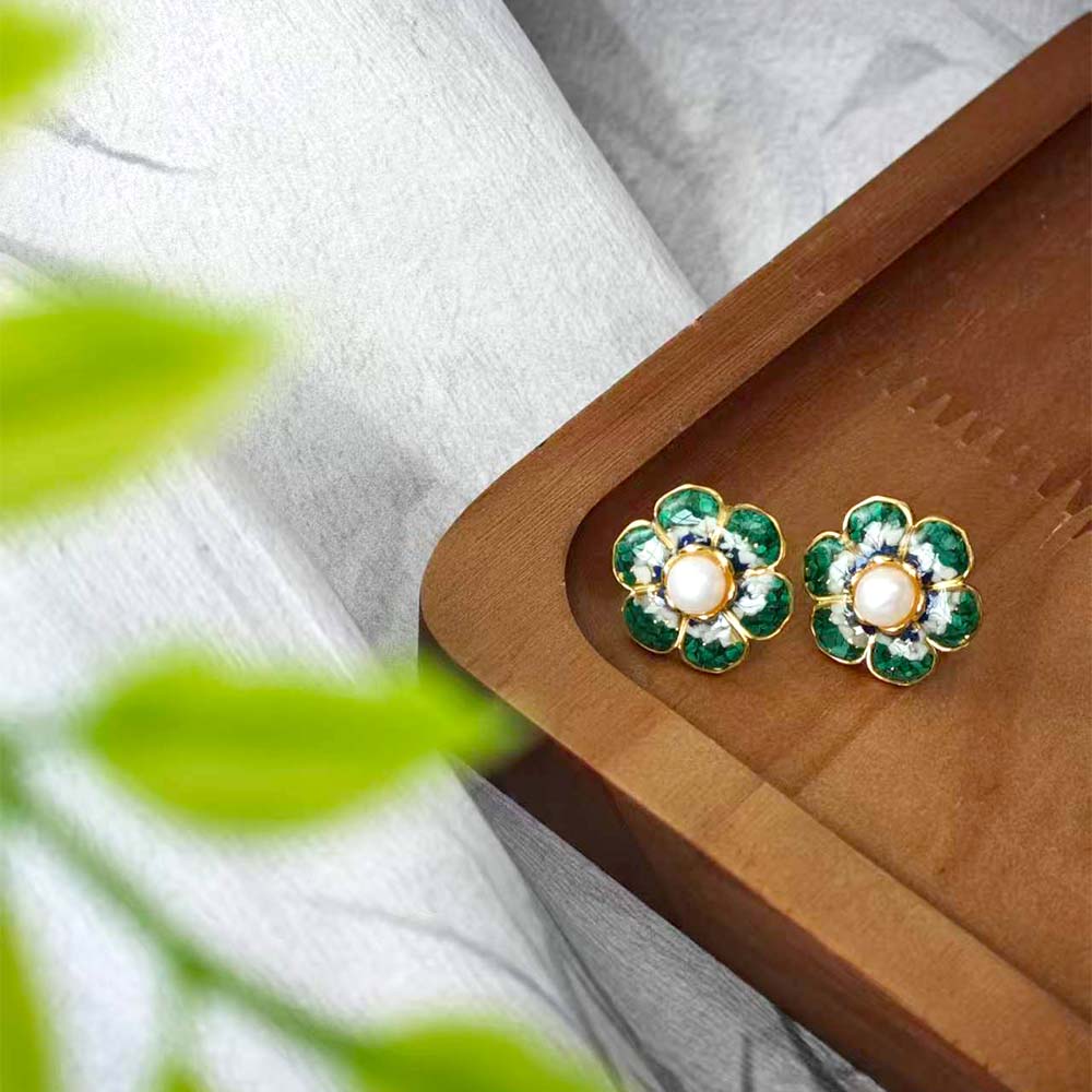 Jade Green Baoxiang Flower Stud Earrings
