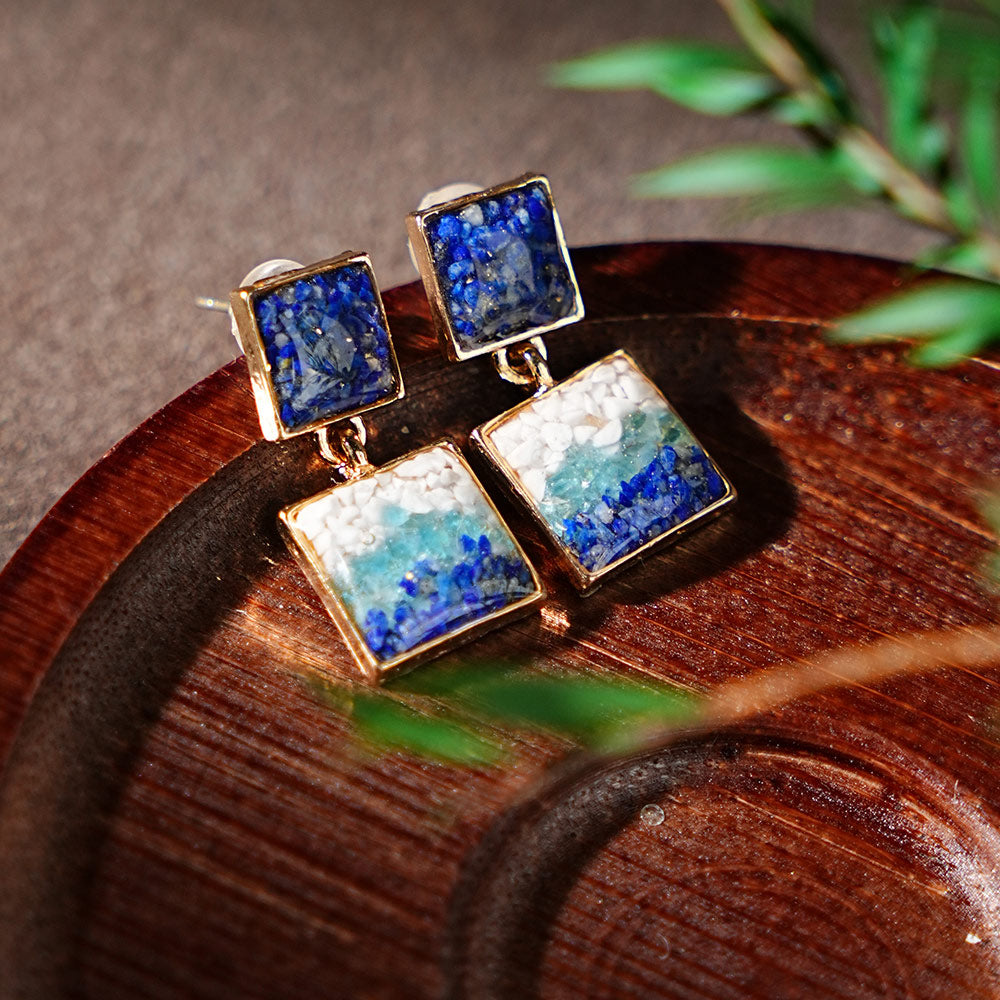 Handmade Natural Crushed stone Square Drop Earrings