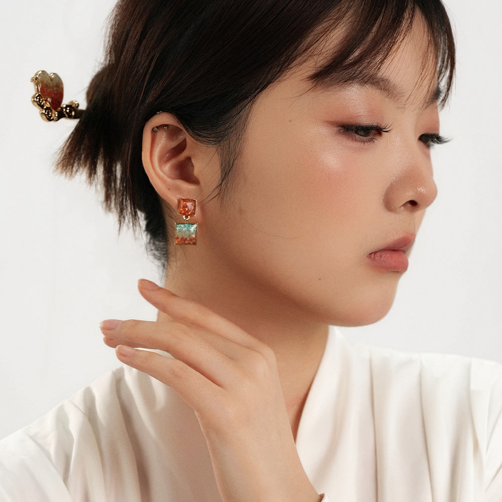Handmade Natural Crushed stone Square Drop Earrings