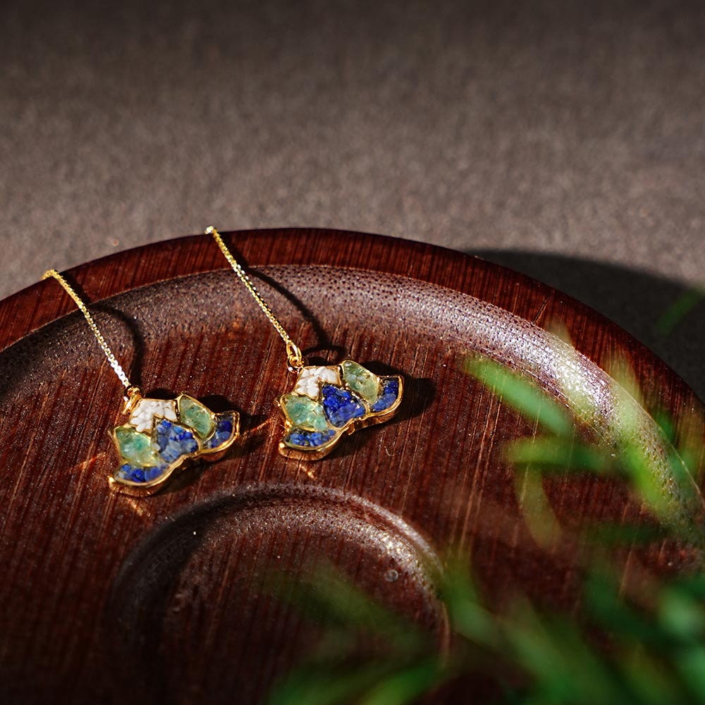 Long Earrings, Lotus Blue & White Porcelain Style