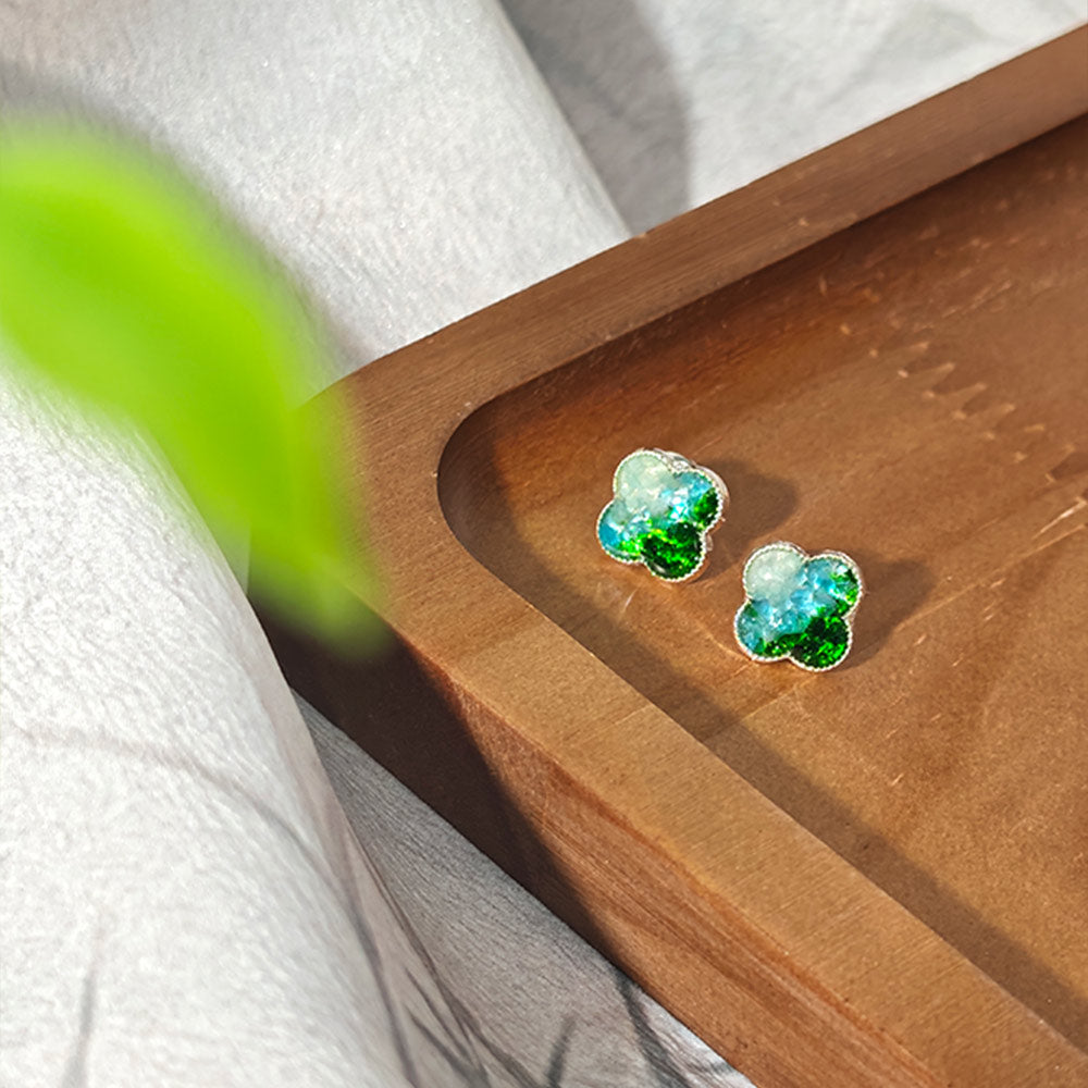 Silver Four-Leaf Clover Stud Earrings – Jade Green Series