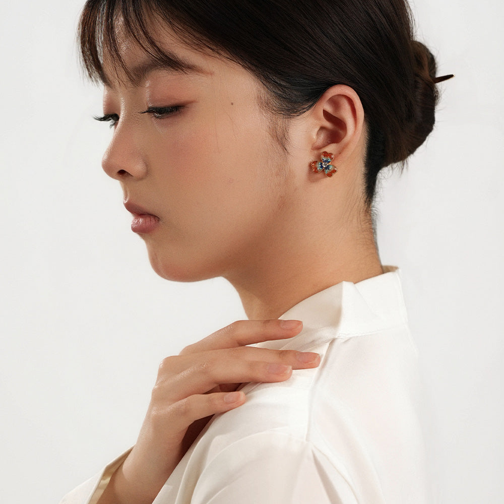 Earrings, Dunhuang Red Three-Leaf Clover Style