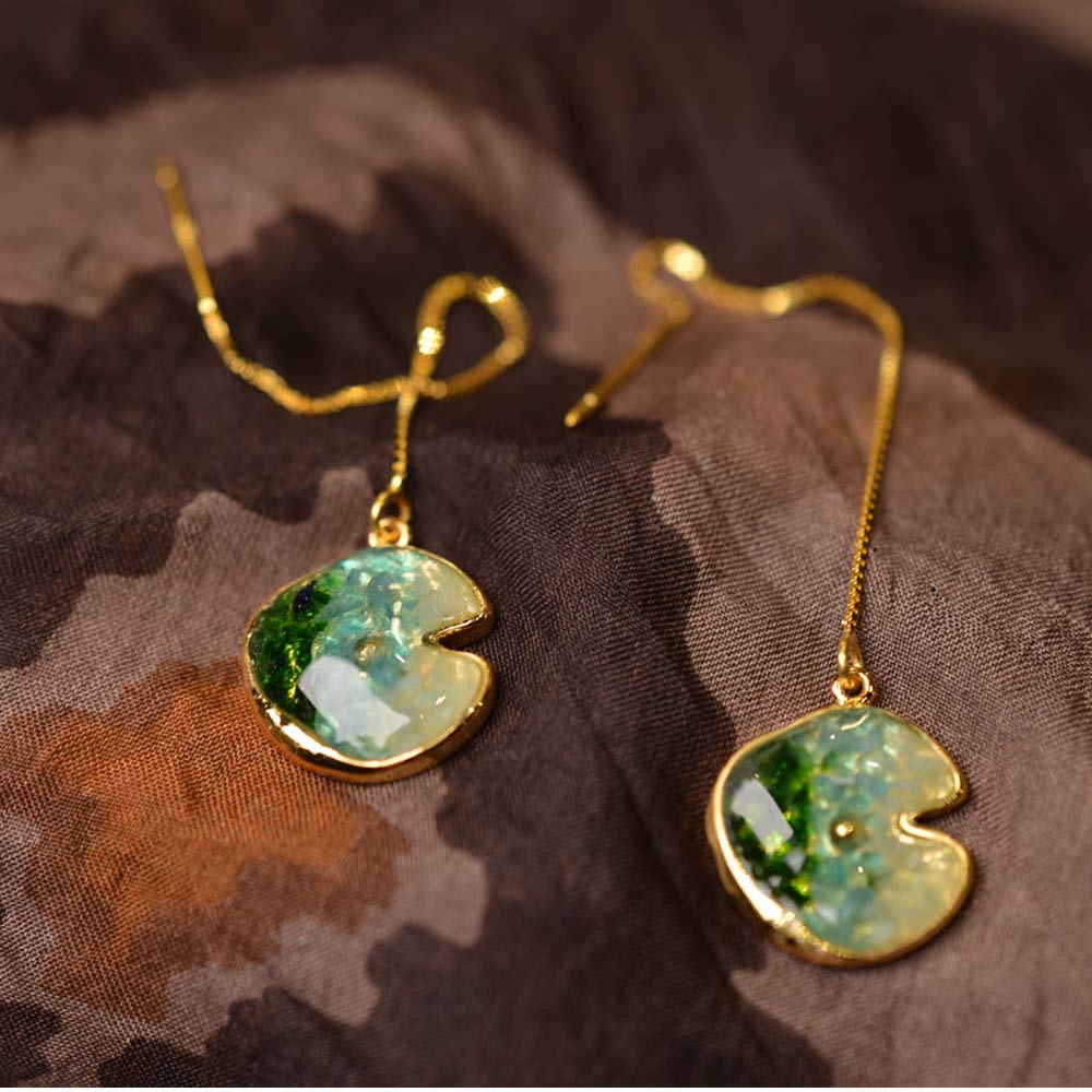 Earrings, Emerald Green Lotus Leaf Drop
