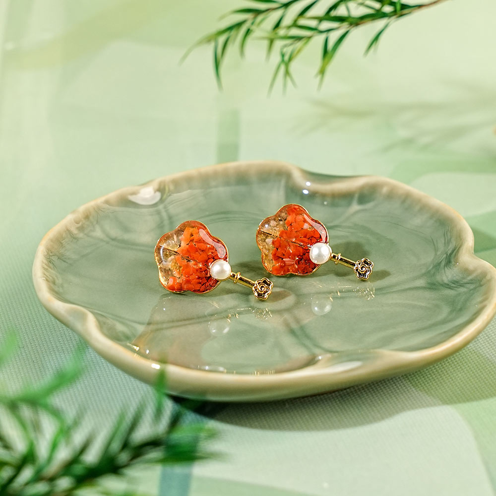 Earrings, Prosperity Red Folding Fan