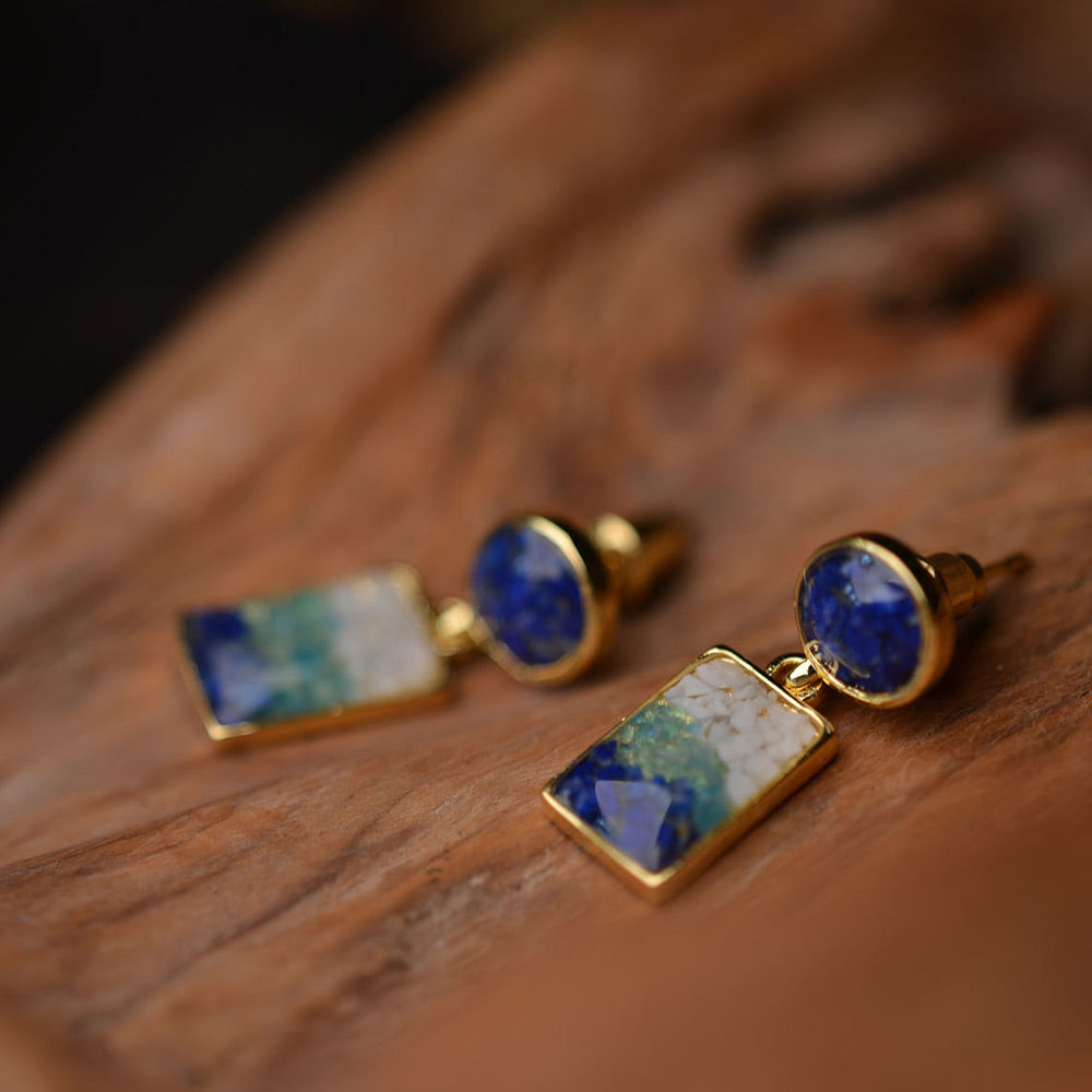 Earrings – Blue & White Round Square