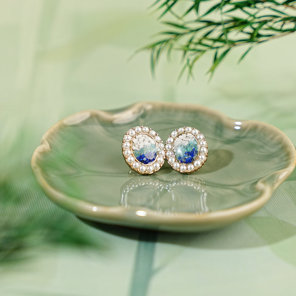 Oval Pearl Earrings, Blue-White Gradient
