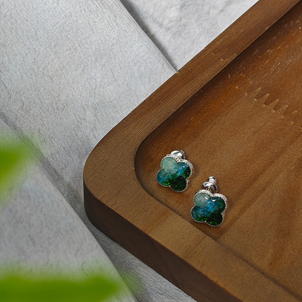 Silver Four-Leaf Clover Stud Earrings – Jade Green Series