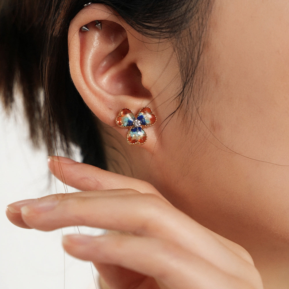Earrings, Dunhuang Red Three-Leaf Clover Style