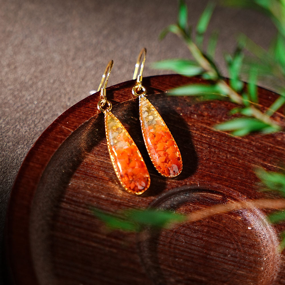 Hand-Layered Crushed Stone Teardrop Earrings with Gold-Tone Hooks
