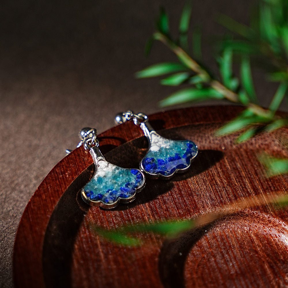 Silver Blue & White Ginkgo Stud Earrings