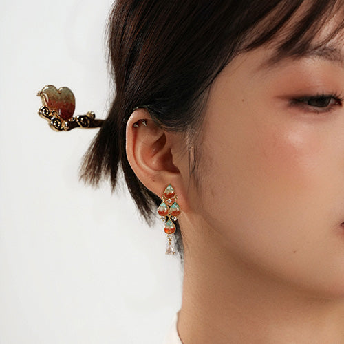 Romantic Floral Teardrop Stud Earrings + Baoxiang Flower Ring Set