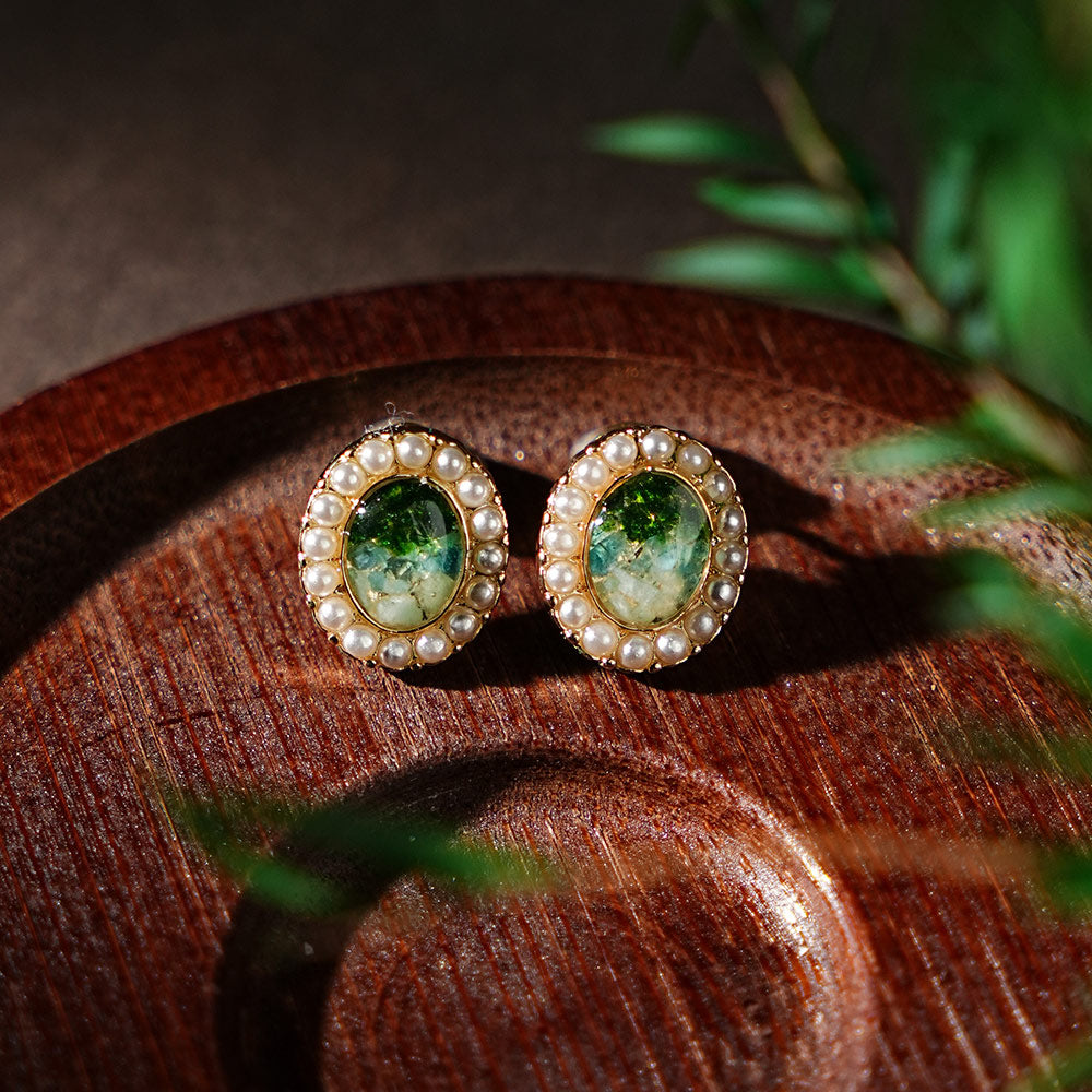 Pearl Oval Stud Earrings, Emerald Green Series