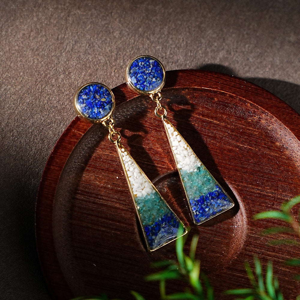 Geometric Earrings, Blue-White Round Triangle