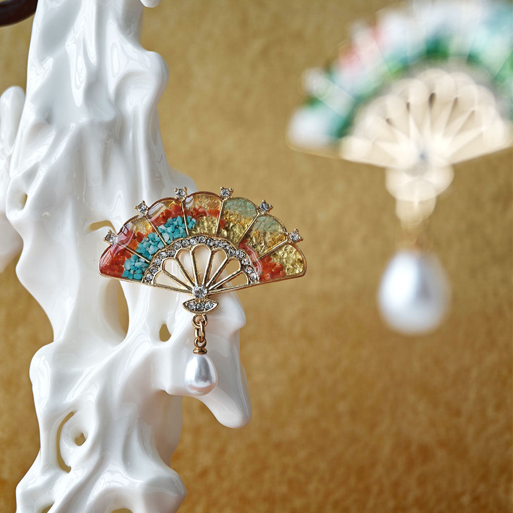 Dunhuang Fan Brooch with Pearl