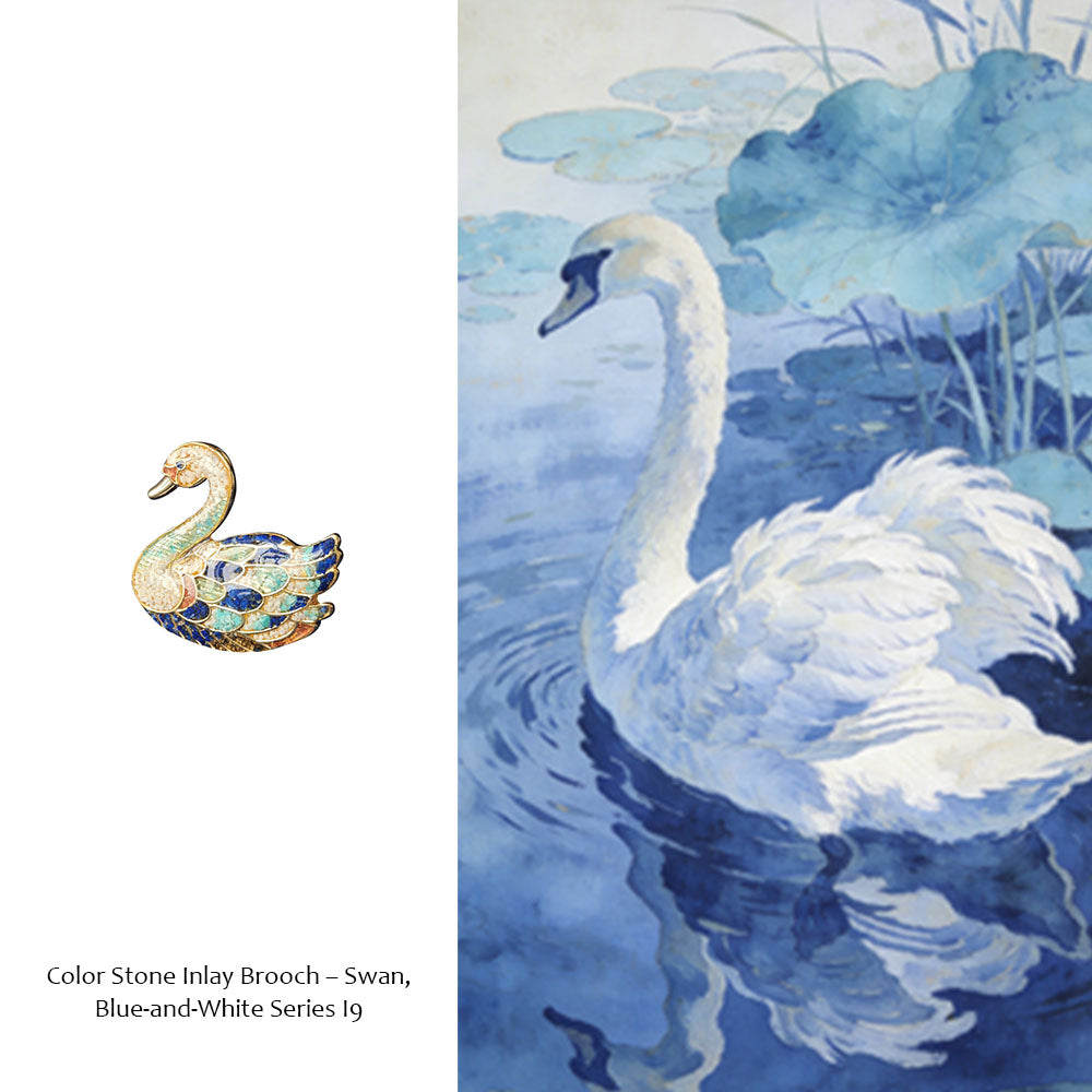 Blue-and-White Swan Brooch