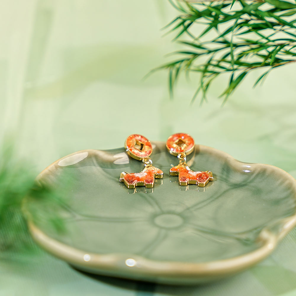 Earrings, “Prosperity Red” Coin Horse Design