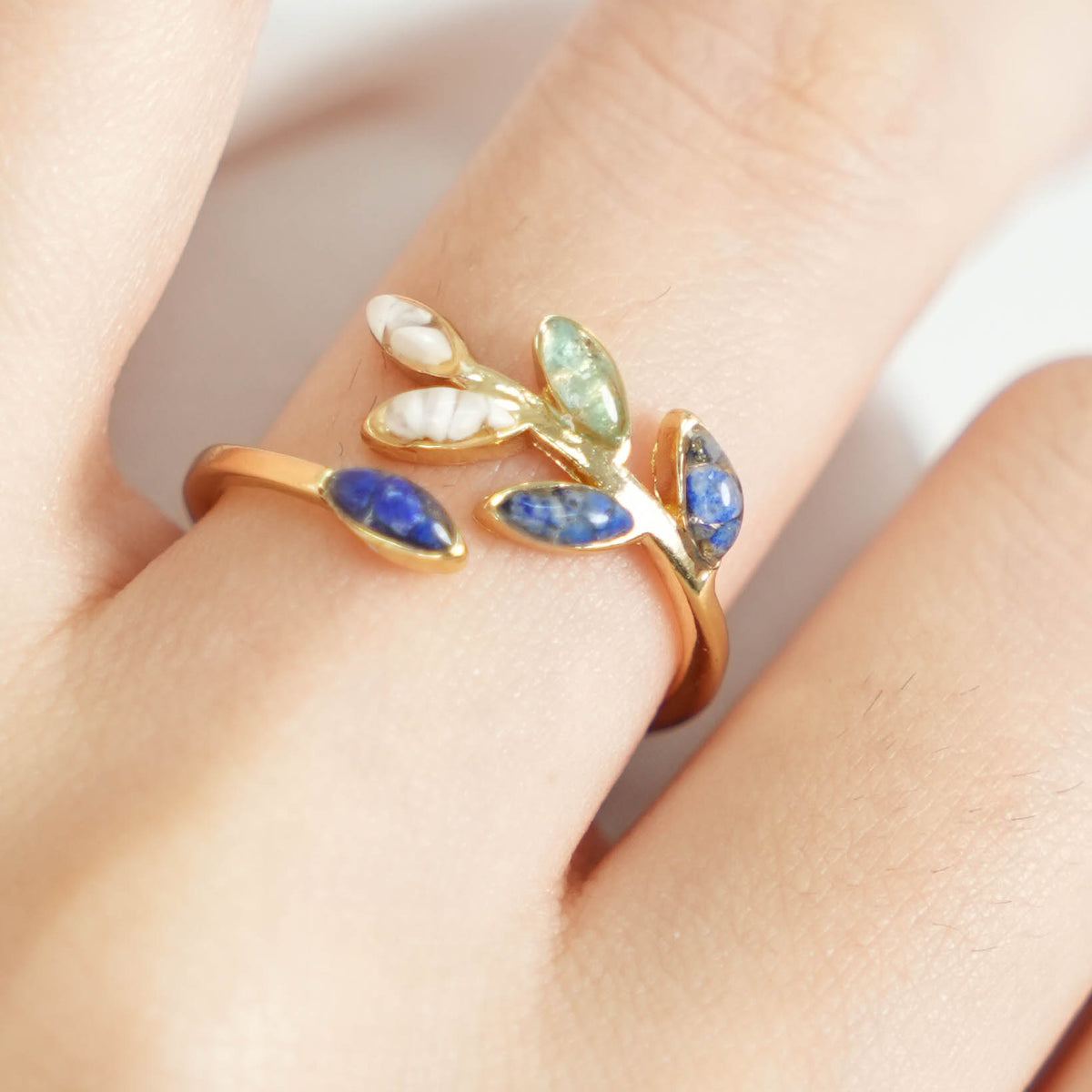 Adjustable Ring – Olive Branch, Blue-and-White