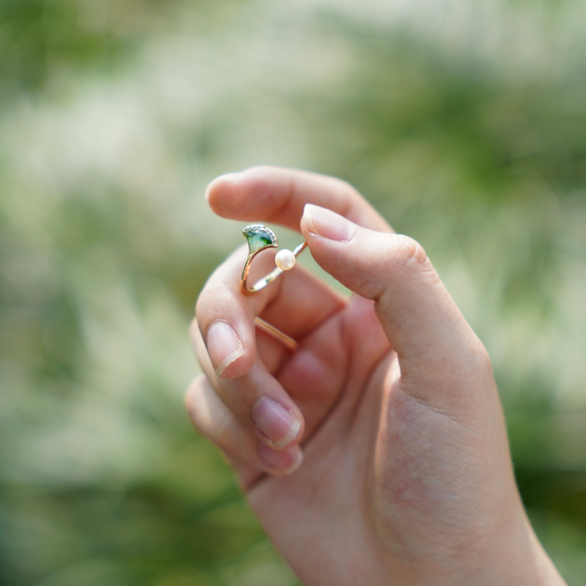 Jadeite Green Gradient Ginkgo Leaf Pearl Ring