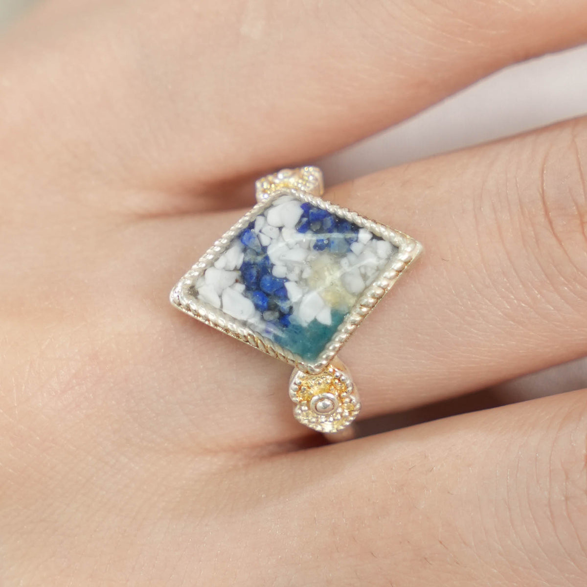 Blue & White Diamond-Shaped Adjustable Ring