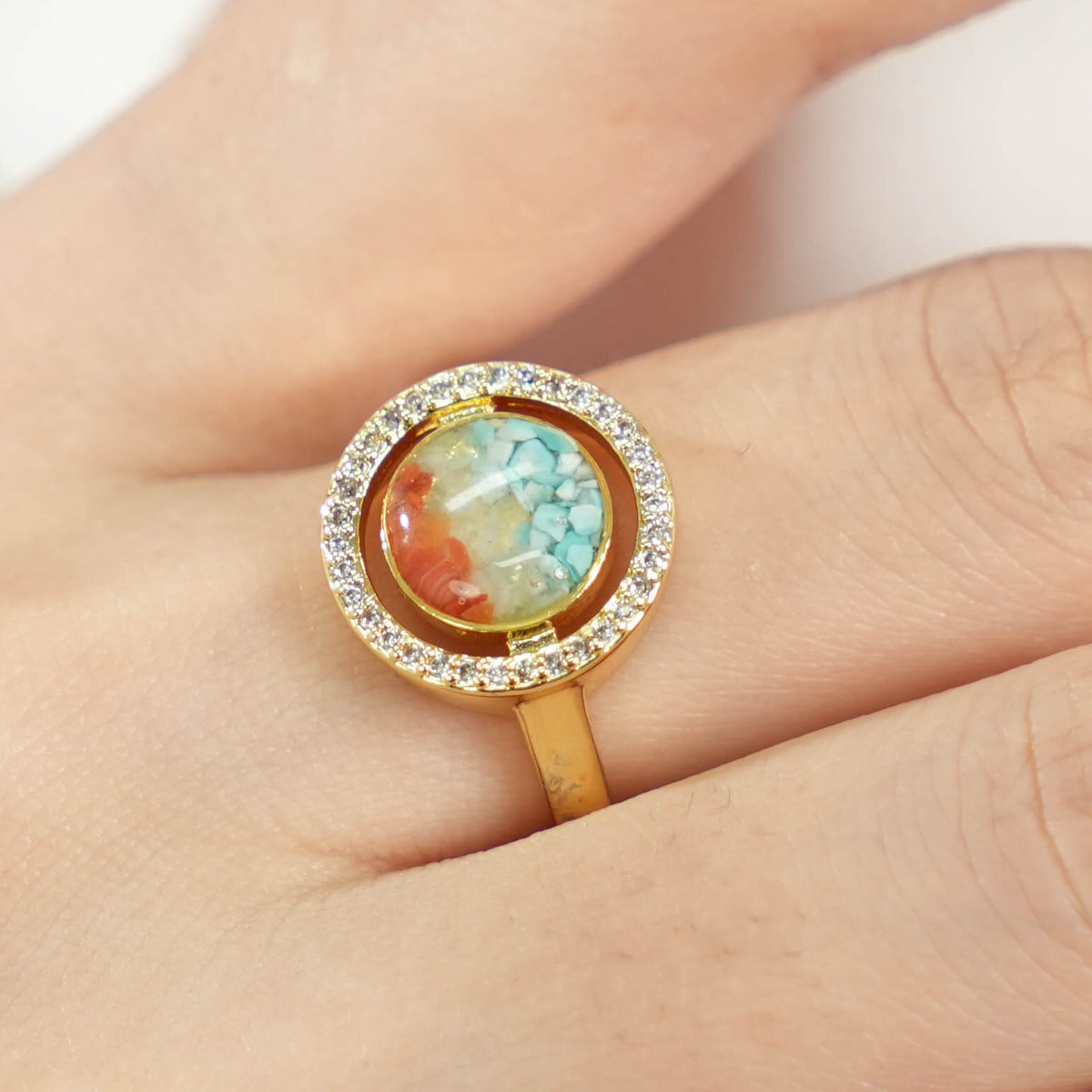 Dunhuang-Colored Big Round Bean Ring Inlaid with Colored Stones