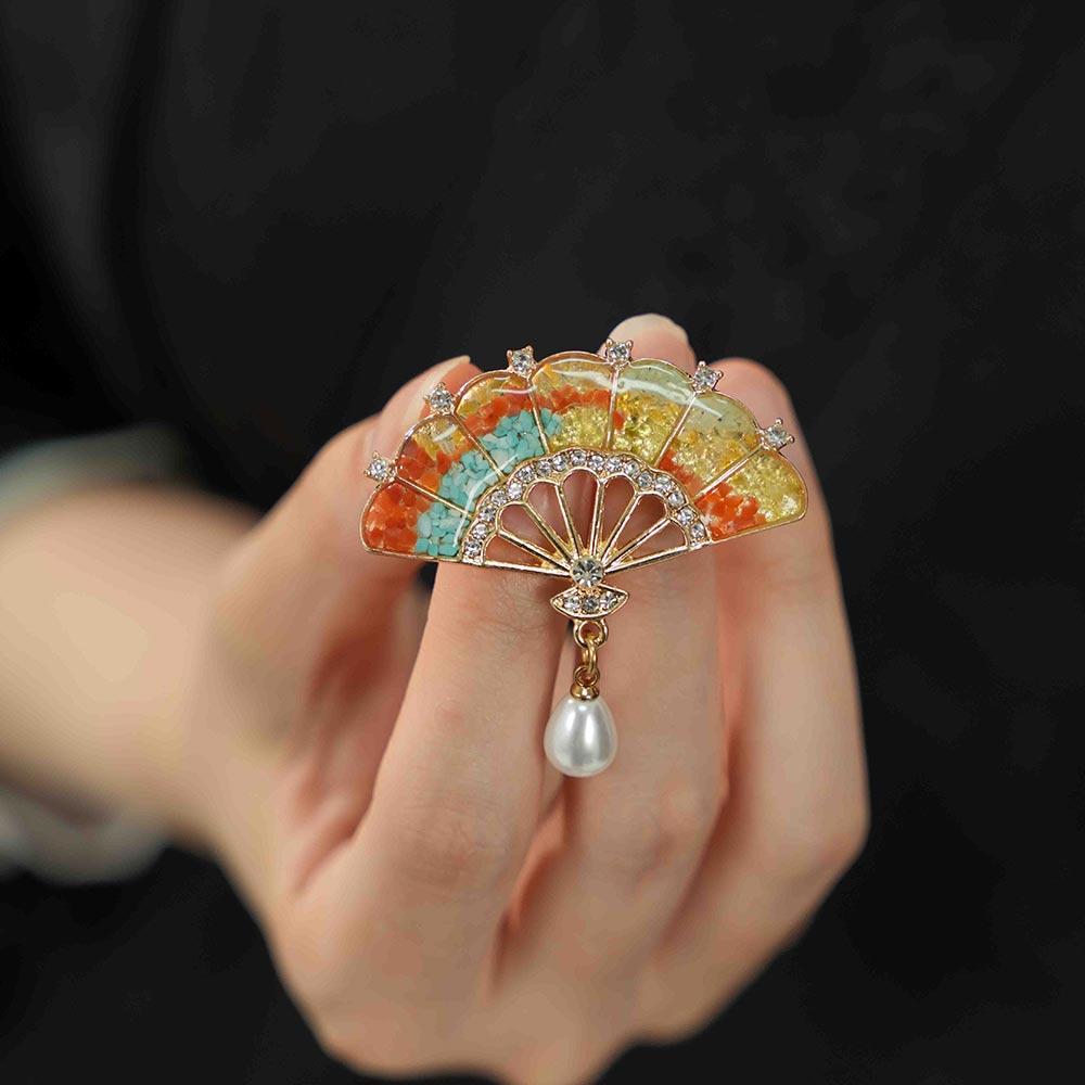 Dunhuang Fan Brooch with Pearl