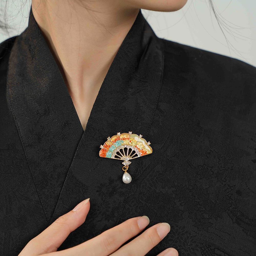 Dunhuang Fan Brooch with Pearl